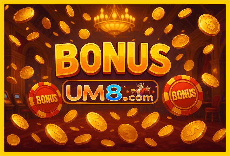 Imagem promovendo bônus UM8 com recompensas imperdíveis.